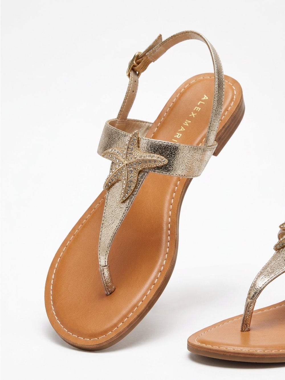 Alex Marie Metallic Gold T-Strap Sandals with Crystal Starfish